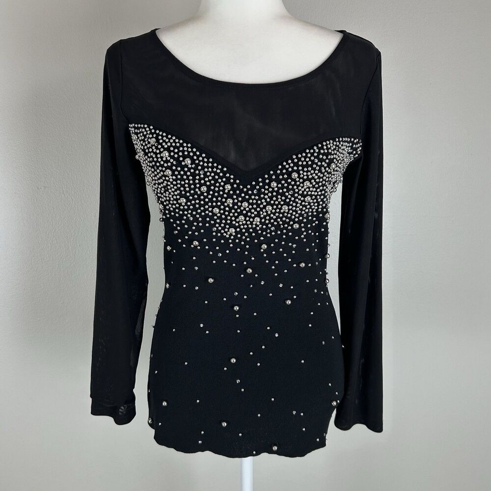 Berek M Knit Long Sleeves Sheer Embellished Pearl Black Top Whimsigoth Gothic